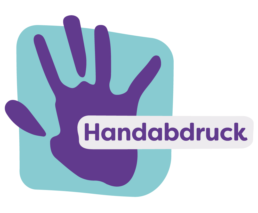 Logo des Handabdrucks, lila auf türkisem Grund