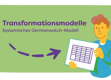  Die Illustration zeigt eine gezeichnete Person, die ein Blatt hochhält mit einer Tabelle. Die Tabelle steht als Symbol für das systemische Modell von Germanwatch.