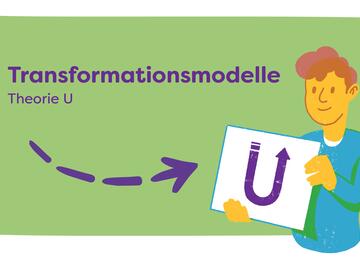 Die Illustration zeigt eine gezeichnete Person, die ein Blatt hochhält mit einem U, das auf der Seite rechts oben in einem Pfeil endet. Das U steht als Symbol für die Theorie U.