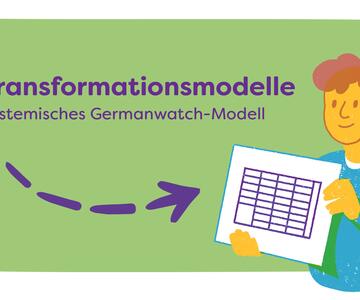  Die Illustration zeigt eine gezeichnete Person, die ein Blatt hochhält mit einer Tabelle. Die Tabelle steht als Symbol für das systemische Modell von Germanwatch.