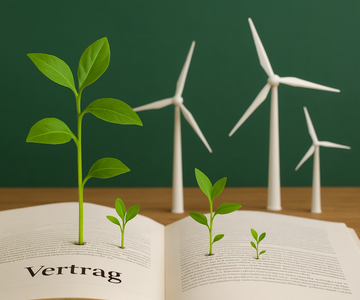 Illustration eines Gesetzestext. Aus diesem wachsen Erneuerbare Energien und Pflanzen