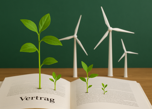 Illustration eines Gesetzestext. Aus diesem wachsen Erneuerbare Energien und Pflanzen