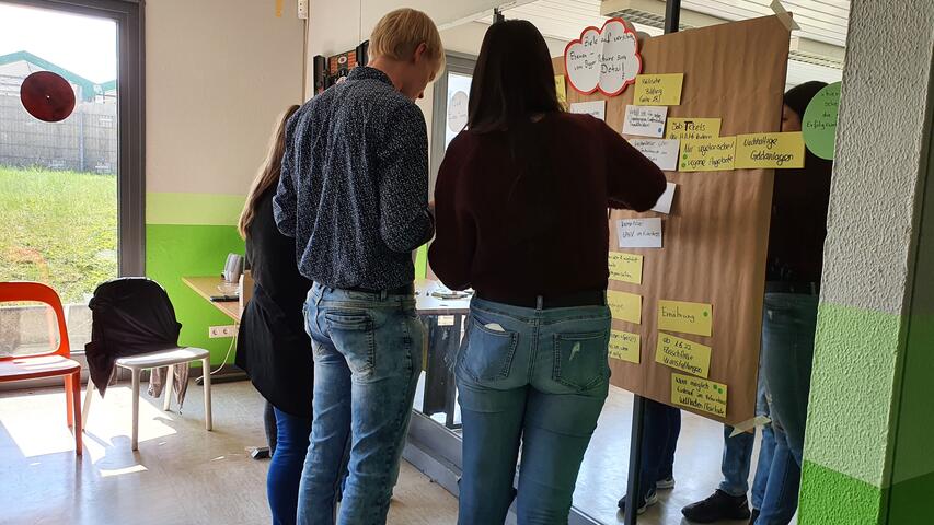 3 Personen stehen vor einer Wand mit Moderationskarten