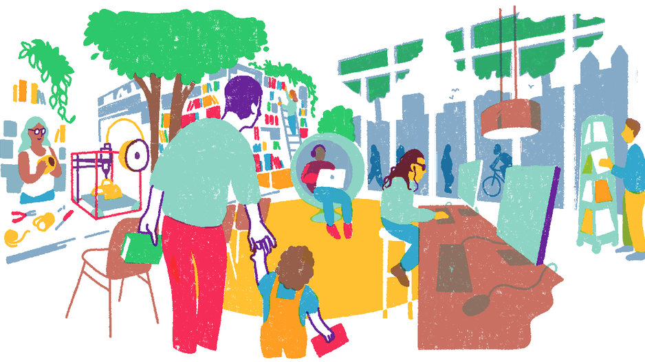 Eine Person geht mit ihrem Kind in eine öffentliche Bibliothek und dort ist sehr viel los. Es gibt einen 3D-Drucker, es gibt Bücher, es gibt Arbeitsplätze mit PCs, es gibt große Fenster zur Straße hin, or denen man in bequemen Sesseln sitzen und lesen kann.