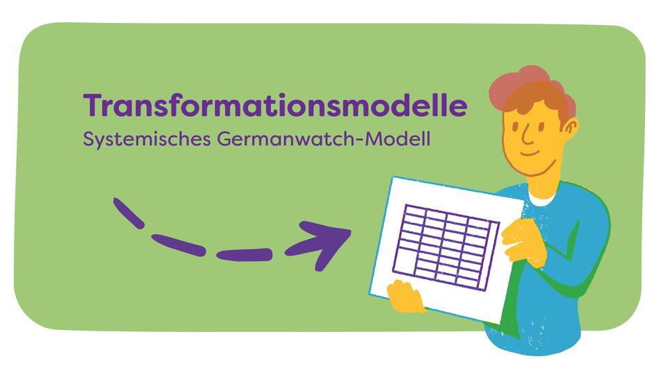 Die Illustration zeigt eine gezeichnete Person, die ein Blatt hochhält mit einer Tabelle. Die Tabelle steht als Symbol für das systemische Modell von Germanwatch.
