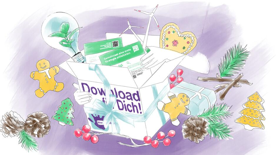 Zu sehen ist ein Geschenk und Weihnachtskekse vor einem lila Hintergrund. In dem Geschenk sind zwei neue Methodenblätter drin.