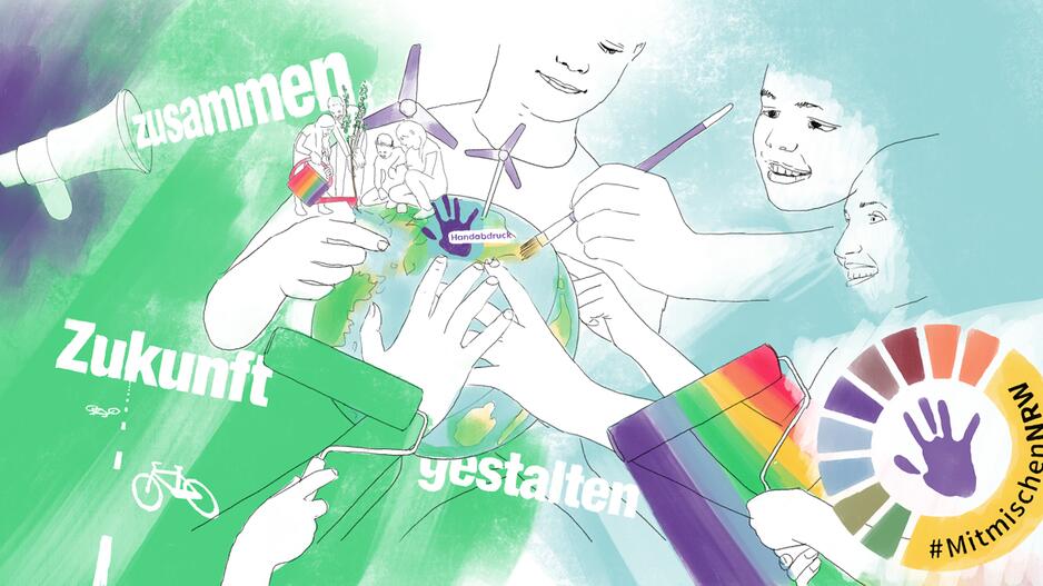 3 junge Menschen malen auf die Weltkugel, wie sie sich die Zukunft vorstellen. Aus einem Megaphon kommt der Spruch &quot;zusammen Zukunft gestalten&quot;