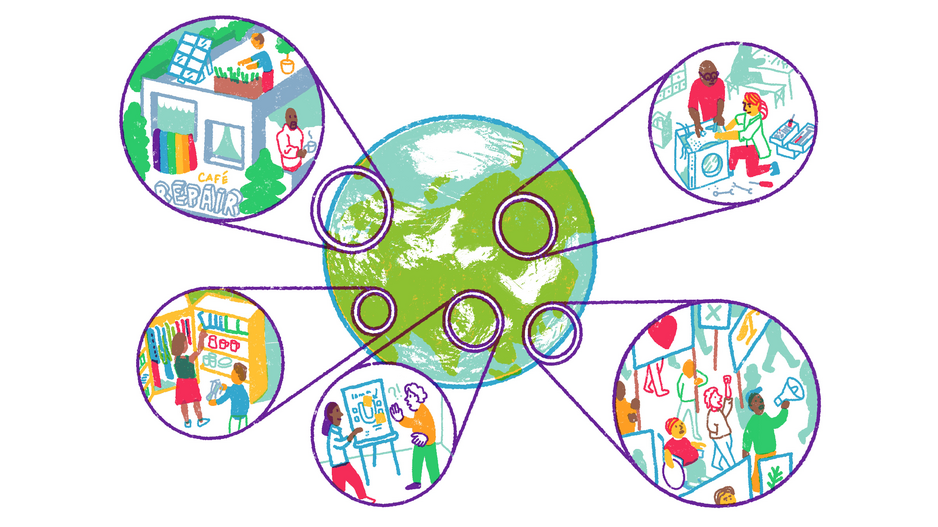 Grafik der Erdkugel, auf einzelne Orte wird herangezoomt