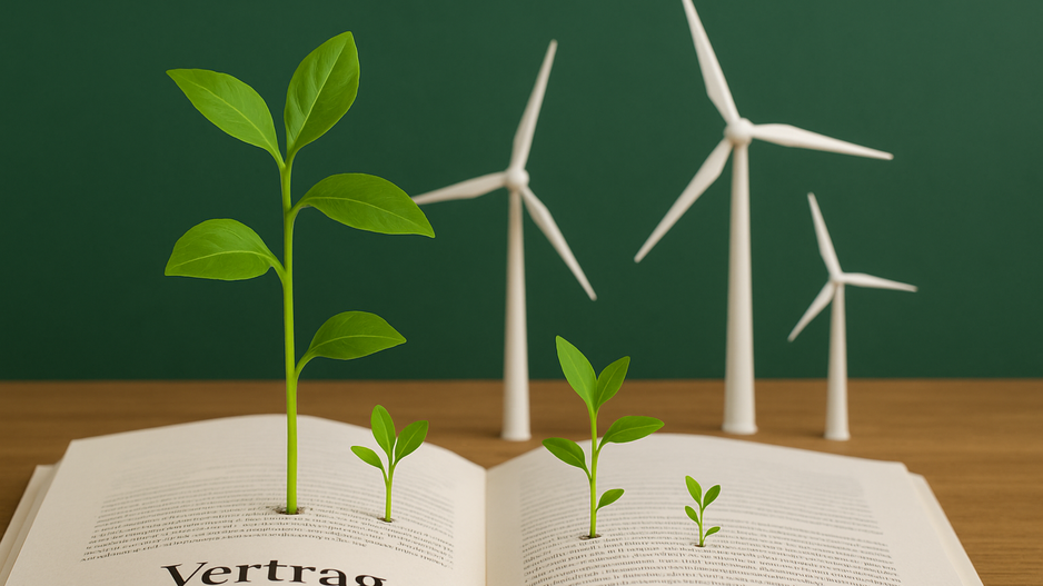 Illustration eines Gesetzestext. Aus diesem wachsen Erneuerbare Energien und Pflanzen