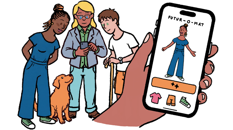 Futur-O-Mat auf em Handy mit Gruppe von Menschen im Hintergrund