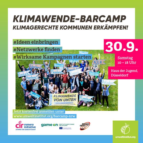 Das Bild zeigt ein Sharepic zum Klimawende Barcamp. Darauf ist ein Foto, die 3 Hashtags Ideen einbringen, Netzwerke finden und wirksame Kampagnen starten. Außerdem sind alle Förder:innen mit Logos abgebildet.