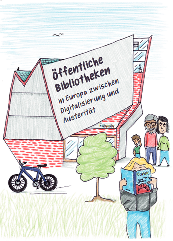 Zu sehen ist das Cover des Comic-Booklets. Vor einer neu gebauten Bibliothek mit modernder Architektur steht eine Person und liest ein Comic. Im Hintergrund geht eine Familie mit einem kleinen Kind in die Bibliothek.