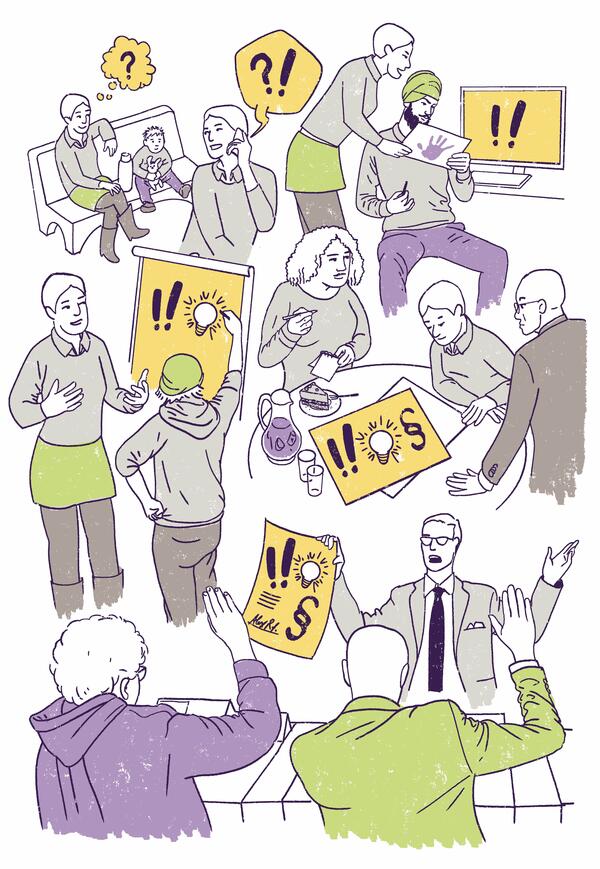 Wimmebild mit vielen Menschen, die miteinander reden und sich gegenseitig helfen