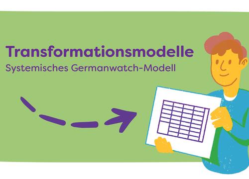  Die Illustration zeigt eine gezeichnete Person, die ein Blatt hochhält mit einer Tabelle. Die Tabelle steht als Symbol für das systemische Modell von Germanwatch.