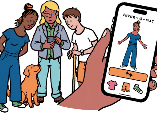 Futur-O-Mat auf em Handy mit Gruppe von Menschen im Hintergrund