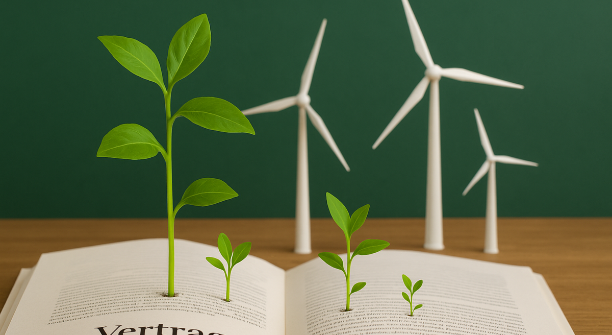Illustration eines Gesetzestext. Aus diesem wachsen Erneuerbare Energien und Pflanzen